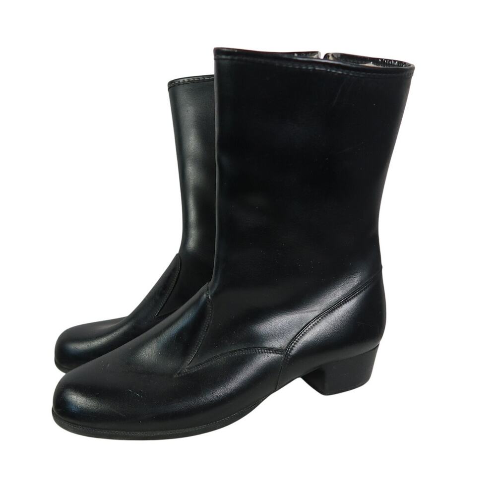 Vintage 70s Black Rubber Rain Boots Mid Calf Sherpa Fleece Lined Womens 8